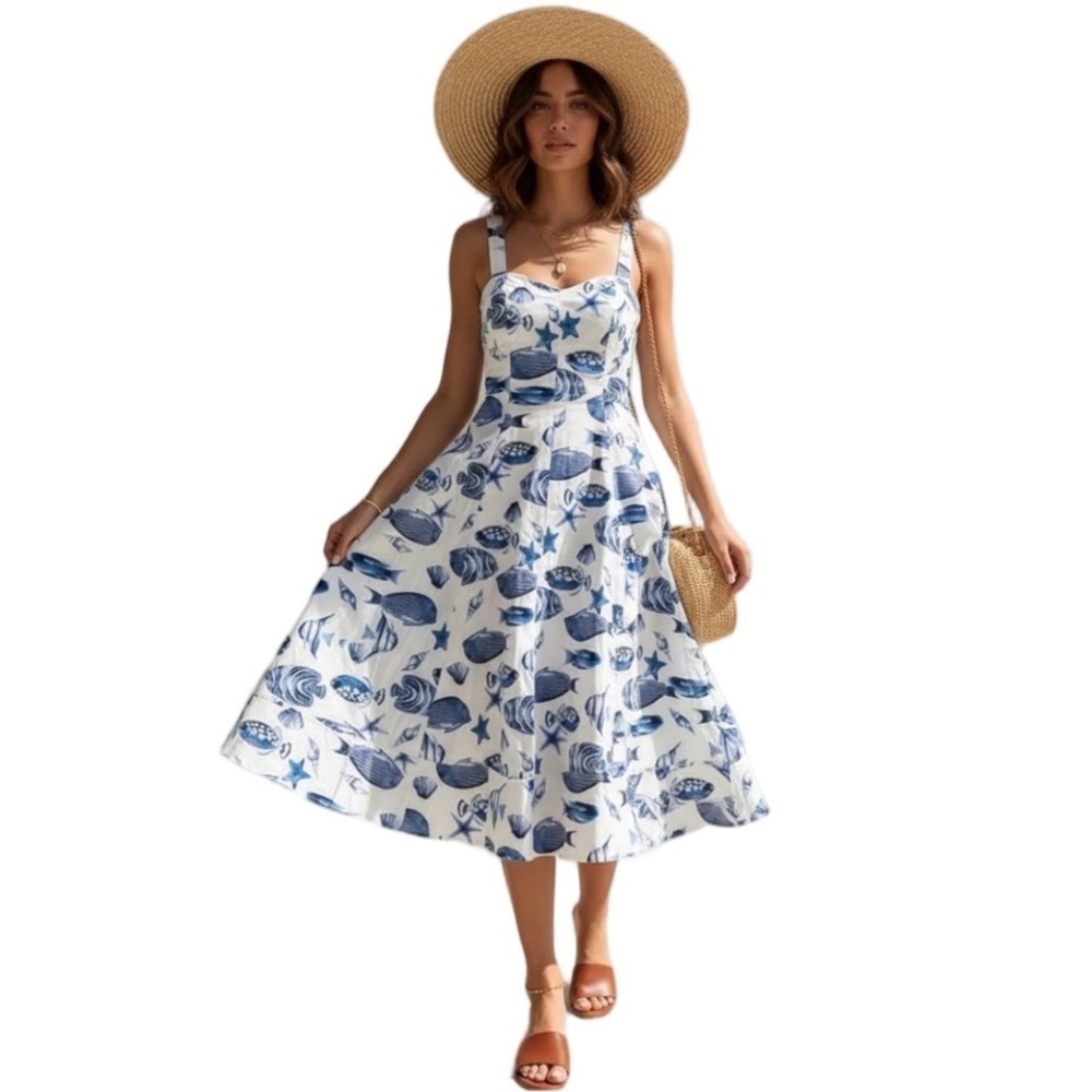 Avec Les Filles Sz 8 Coastal Chic Midi NWT Marine Print Fit & Flare Vacation